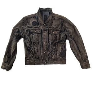 Buddhist Punk Jean Jacket Distressed Camo Demin Skulls Spider Web AC DC Size 2